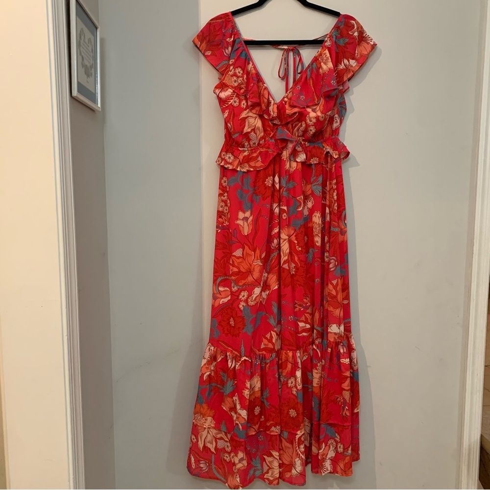 Flying Tomato Maxi Dress women’s L Red Floral with ruffles Malina dress feminine